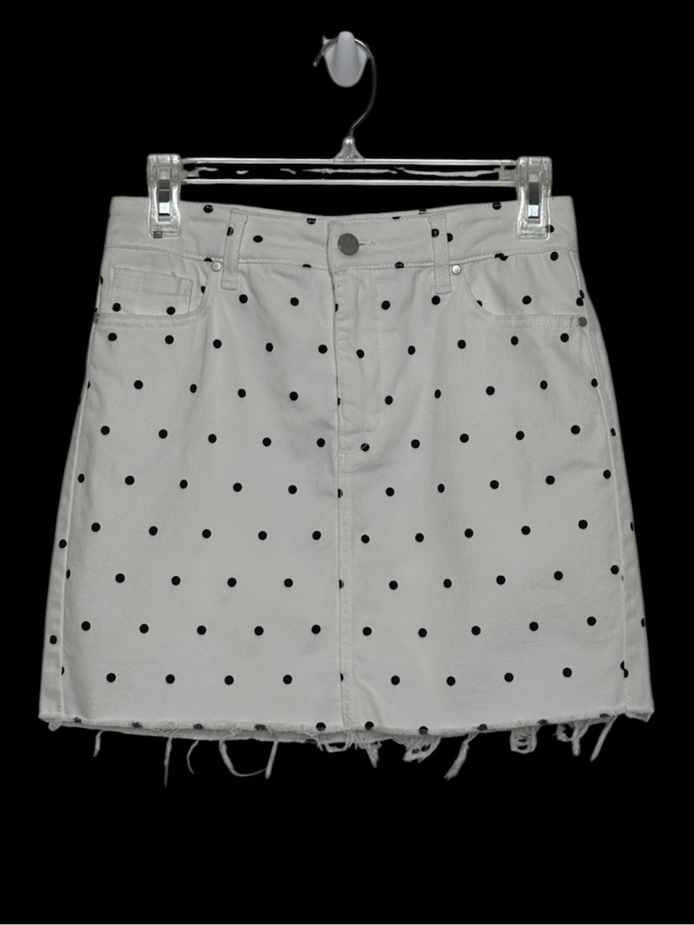 Tinsel White Denim Mini Skirt with Black Polka Dots Size 27